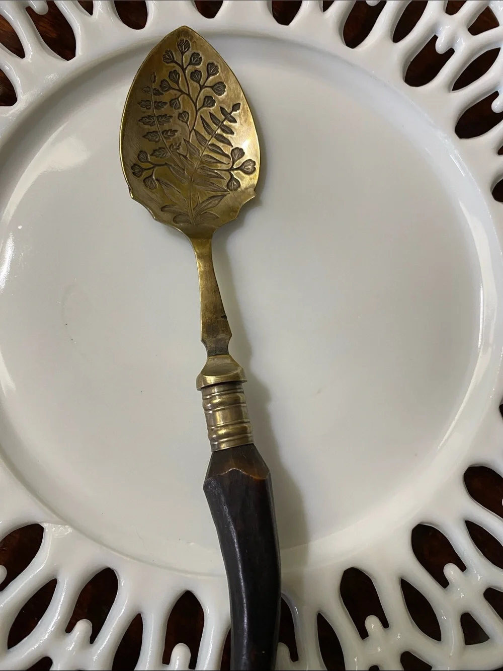 Vintage Brass Jam Spoon, Etched Botanical Design &Horn Handle